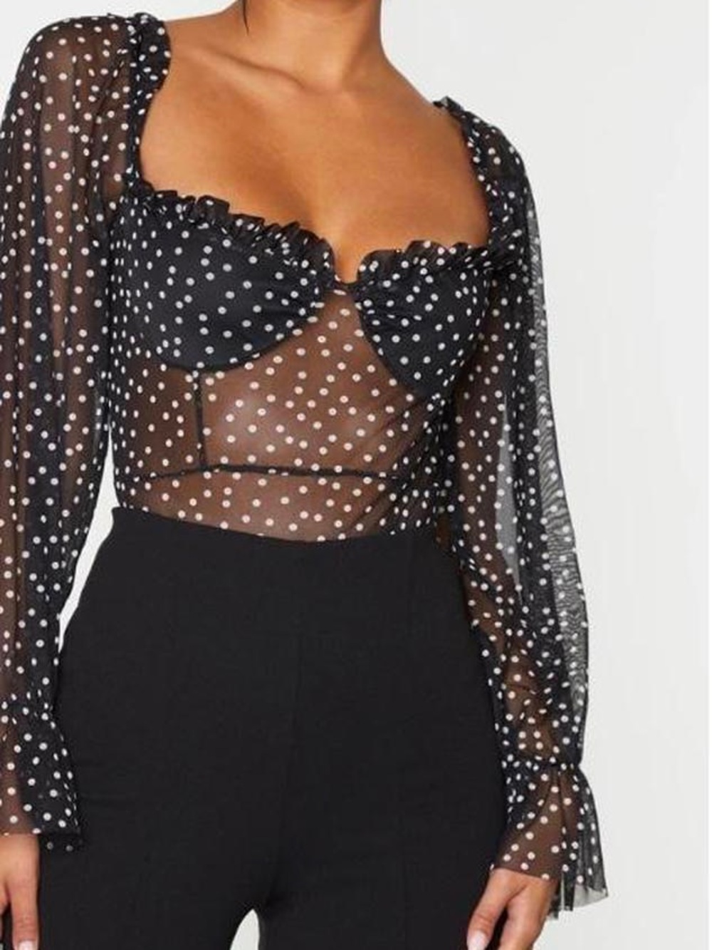 PrettyLittleThing Black Sheer Polka Dot Long Sleeve Bodysuit